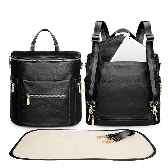 miss fong Diaper Bag Backpack Baby Diaper Bag, Large Leather Diaper Backpack with 16 Pockets Travel Diaper Bag with Diaper Changing Pad, Stroller Straps & 2 Insulated Pockets(Convertible, Black)