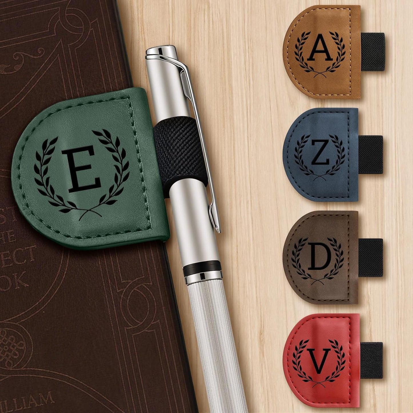 Personalized Bygone Mark Bookmark with Pen Holder,Engraving Leather Magnetic Bookmarks Vintage 26 Letters Name Initials Text Book Marker Clips Gifts for Reading Book Lovers Women (Red, U)