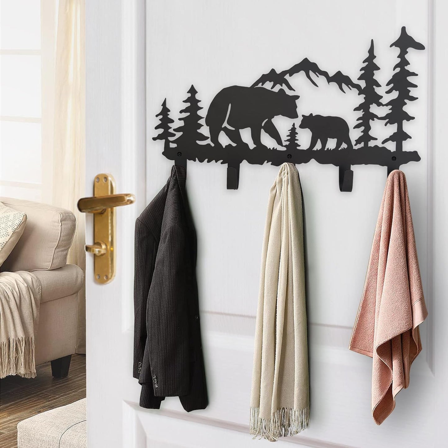 Metal Bear Coat Hooks Wall Art Decor-Bear Hangers and Key Holder-Animal Theme Hooks Sweet Home Decor for Storage, Living Room, Hallway, Office (Black)