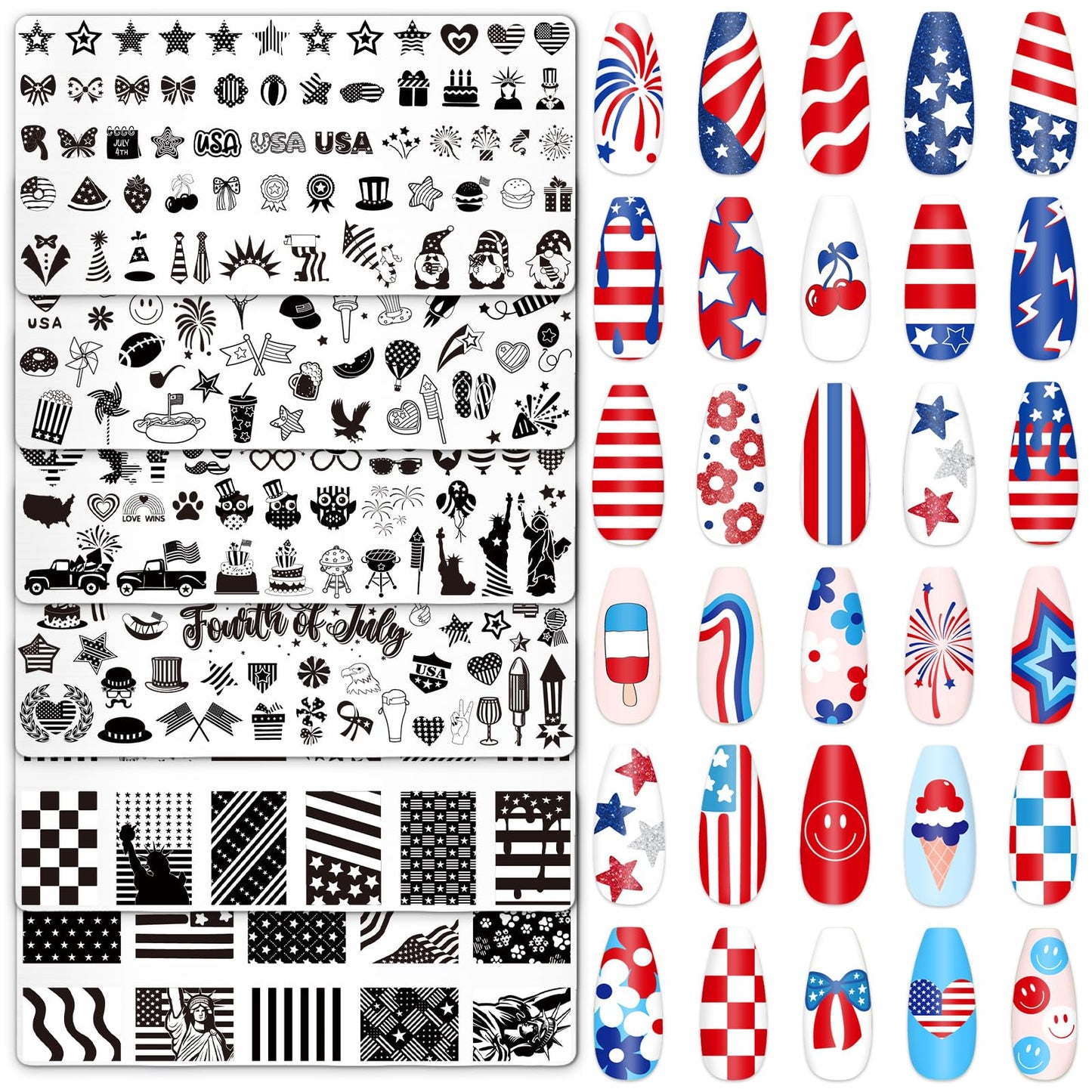 Whaline 6Pcs Patriotic Nail Plates Stamping Set USA Flag Star Stamp Templates 4th of July Nail Art Plates for Independence Day D