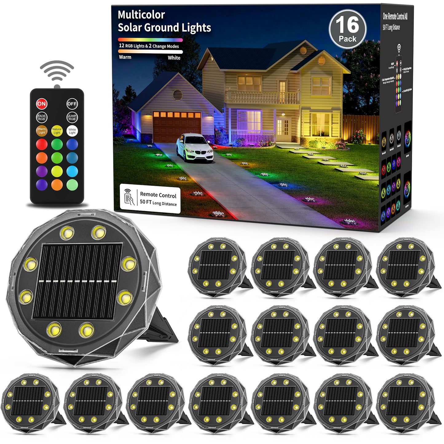 Hicotet Solar Ground Lights, 50ft Remote Control, IP67 Waterproof, 15 Multi Color, 16 Pack, Black, Model LNM-CPD-01