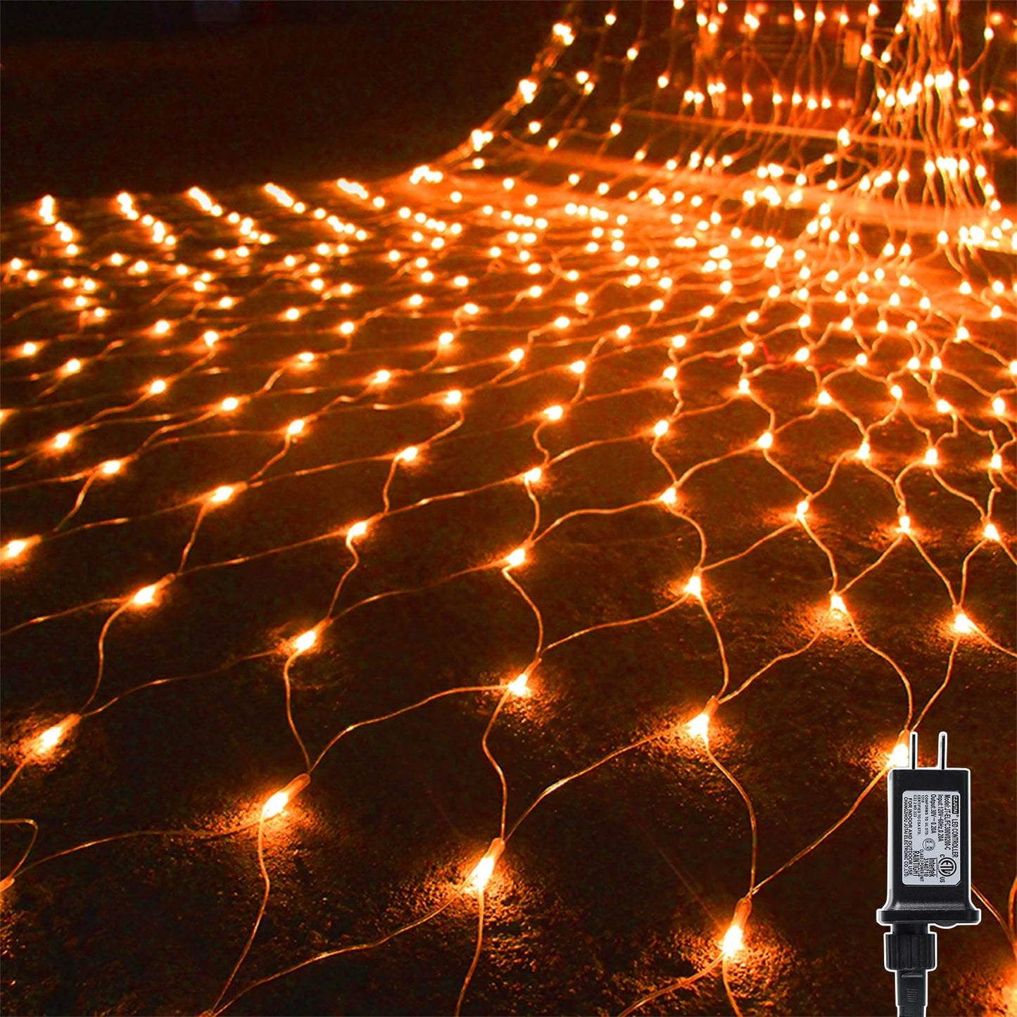 WATERGLIDE Outdoor Halloween Net Lights, 12FT x 5FT, 360 LED, 8 Modes, Orange, Model HB-360WCOI