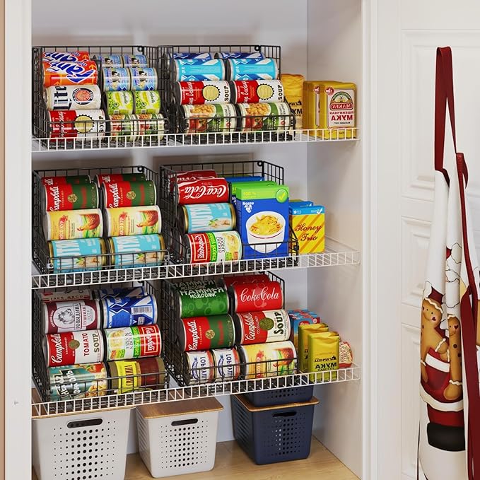 JKsmart 4 Pack Stackable Can Organizer for Pantry with Adjustable Dividers, Soda Can Organizer, Can Storage Dispenser Holds up to 56 Cans, Metal Wire Baskets Can Holder for Kitchen Cabinet Pantry
