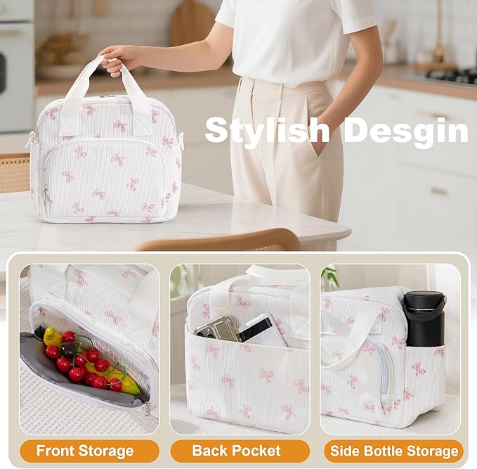 Large Lunch Bag for Women Insulated Lunch Box Reusable Cooler Bag Portable Cute Corduroy Leakproof Tote Bags for Travel, Work, and Picnic, Pink Bow