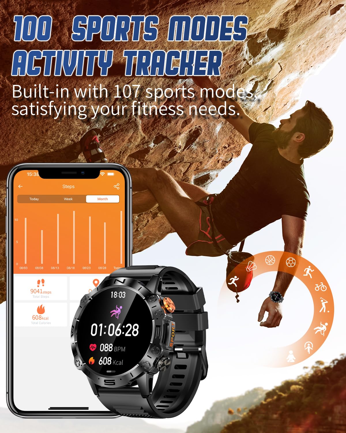 Podoeil Military Smart Watch For Men With Bluetooth Call, 1.43 Amoled Fitness Tracker With Blood Pressure/Heart Rate/Sleep Monit