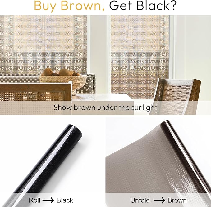 rabbitgoo Window Privacy Film Stained Glass Window Film, Mosaic Rainbow Decorative Glass Cling, Removable Static Cling Tint, Non-Adhesive Privacy Covering for Home, Brown, 17.5 x 118.1 inches
