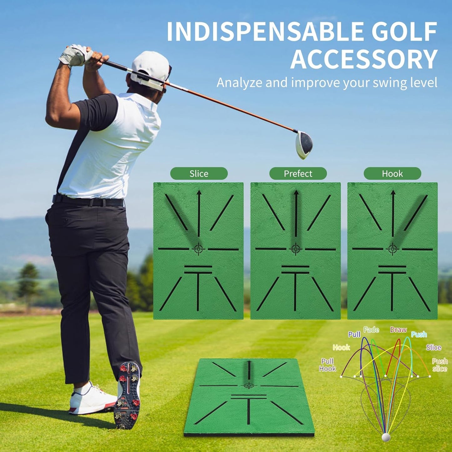 Golf Hitting Mat Swing Path Detection with 14''x9'' Aluminum Base 3'' Ground Spikes – Golf Practice Mat for Outdoor Use Backyard & Home Course, Swing Trainer