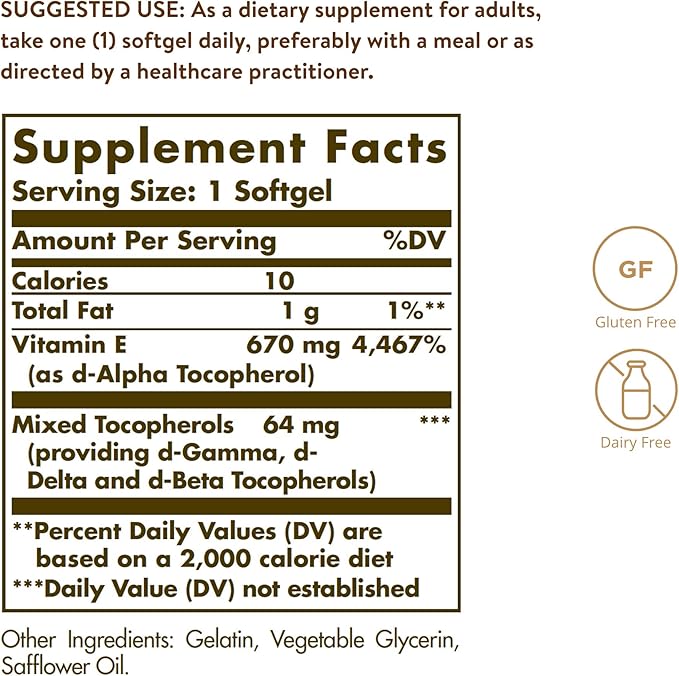 Solgar Vitamin E 670 mg (1000 IU), 100 Softgels - Natural Antioxidant, Skin & Immune System Support - Naturally-Sourced Vitamin E - Gluten Free, Dairy Free - 180 Servings
