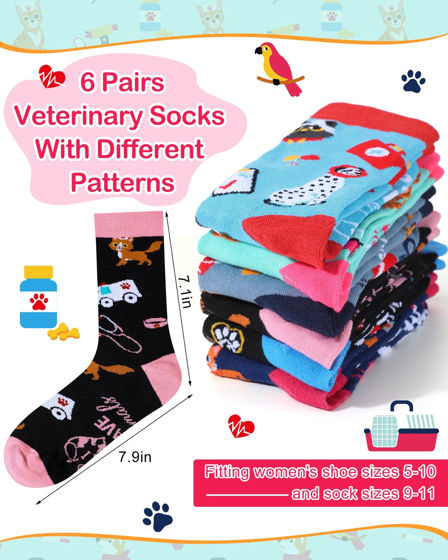 Skicuff 6 Pairs Veterinary Socks for Women Men Novelty Veterinarian Cotton Crew Socks Veterinary Week Gift for Pet Doctor Vet Tech