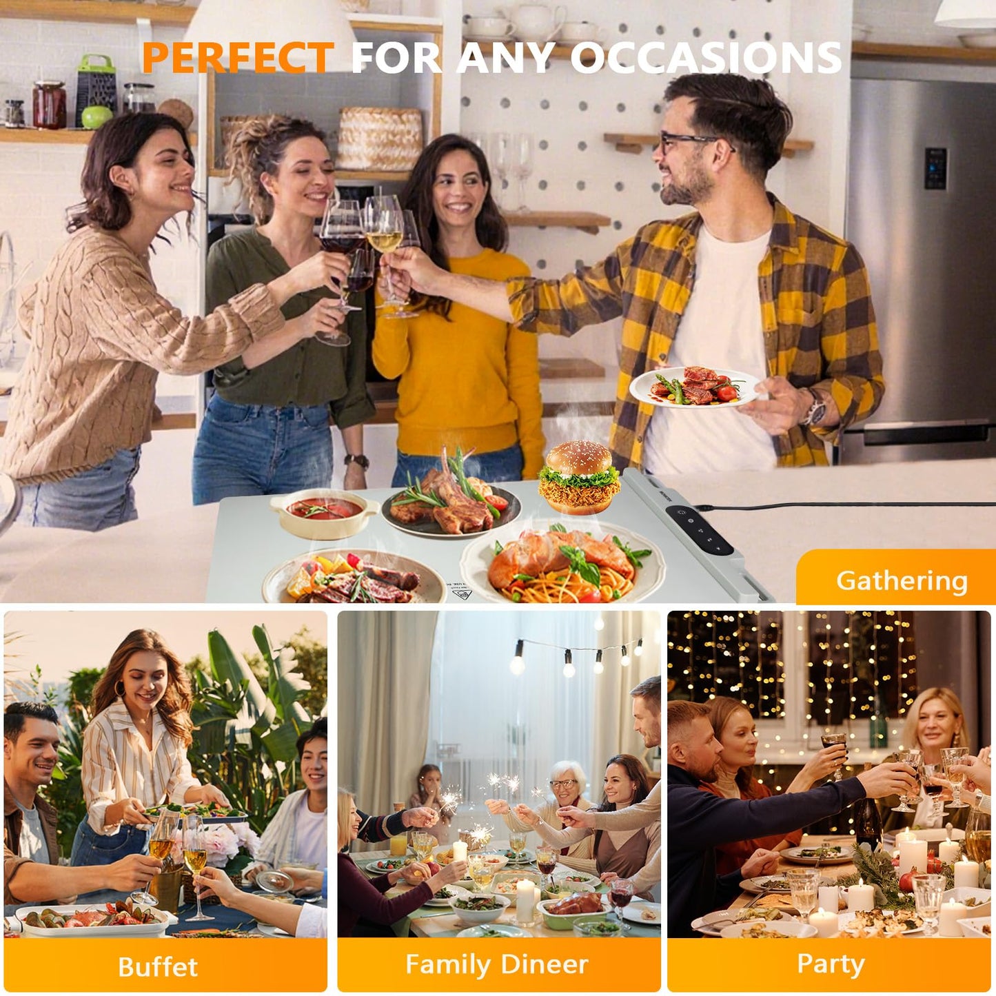 Silicone Food Warming Mat Electric Heating Pad with Felt insulation pad - 3 Temperature Set Modes, Portable Hot Plate for Buffets Parties Kitchens Countertops Holiday Gatherings