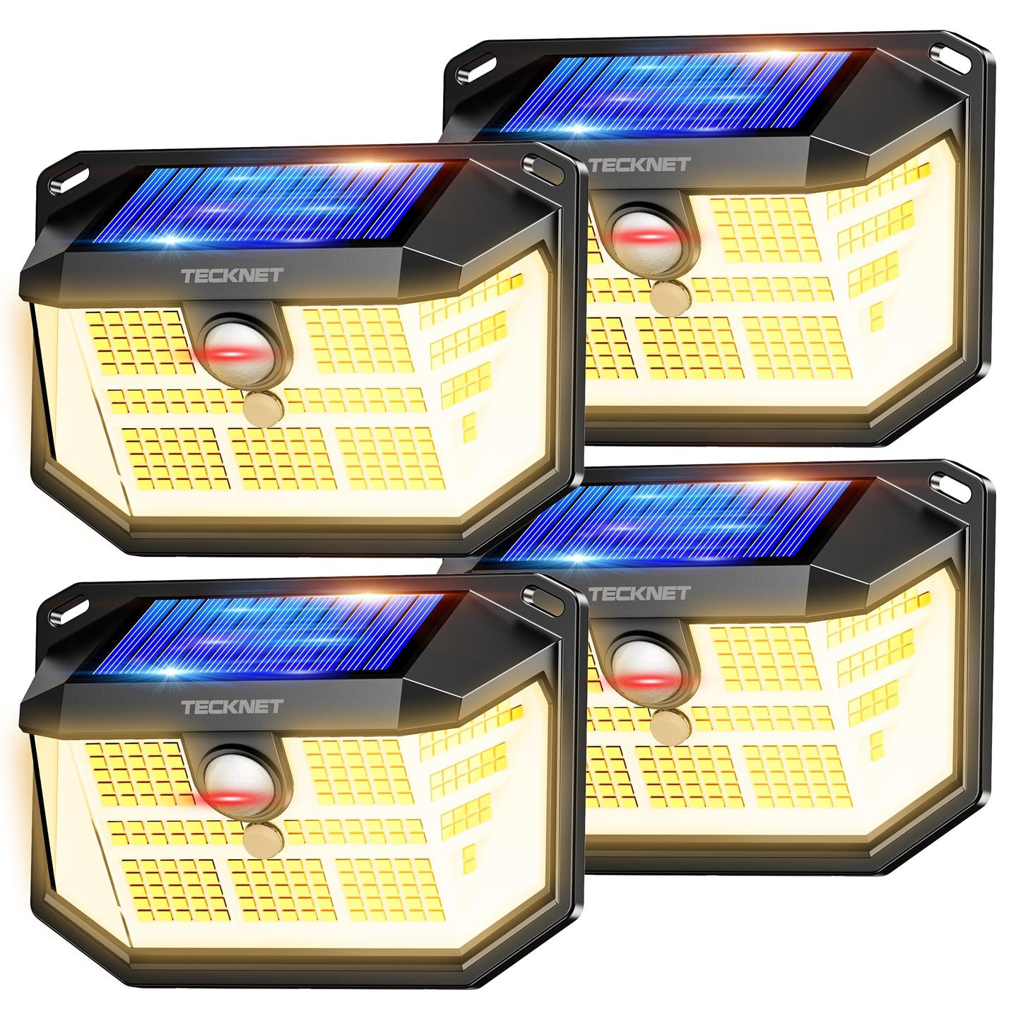 Tecknet 231 Led Motion Sensor Outdoor Lights  4 Pack  300 Solar Security Wall Lights  3 Lighting Modes  Ip65 Waterproof  Pir Motion Sensor For Outside  Fence  Garden  Yard  Deck  Garage - Warm White