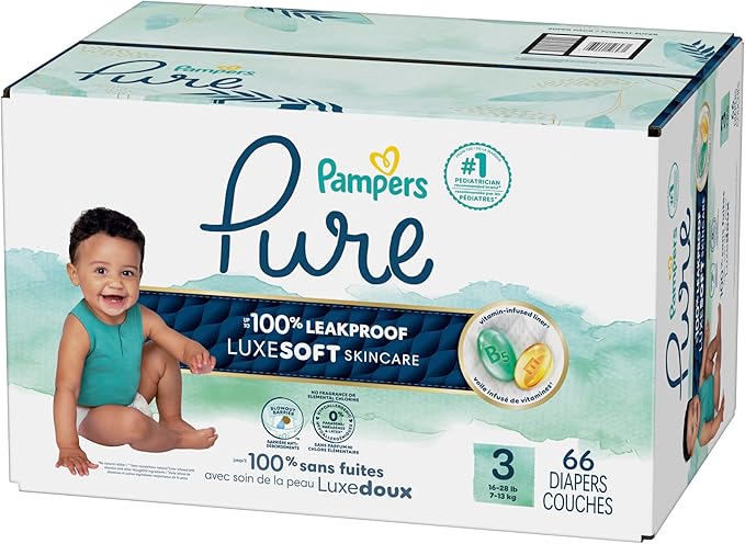 Pampers Pure Protection Baby Diapers, Size 3 (16-28 lbs), 66 Count, Up to 100% Leakproof, Premium Plant-based Skin Protection, Hypoallergenic Soft Diapers