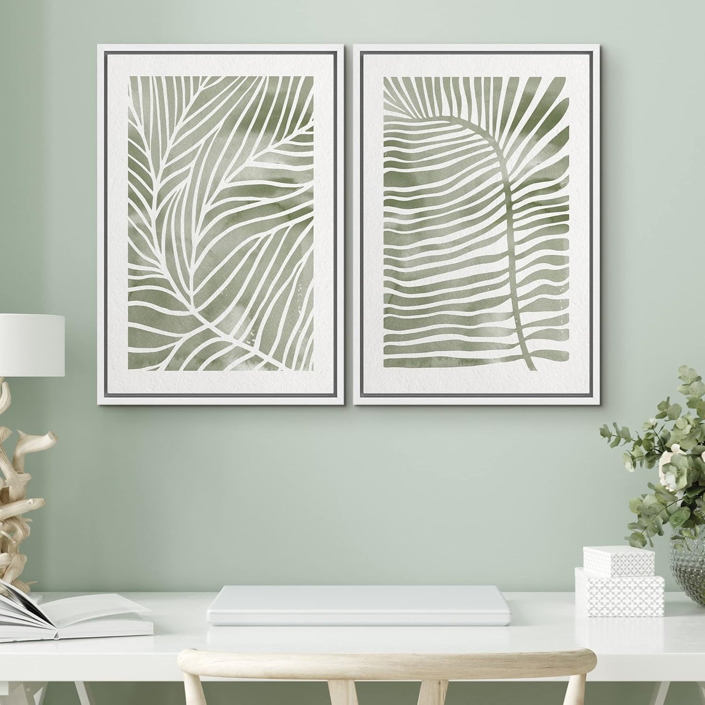 SIGNWIN Canvas Print Wall Art Set Green White Tropical Island Palm Leaves Nature Wilderness Illustrations Modern Art Rustic Multicolor for Living Room, Bedroom, Office - 16"x24"x2 White