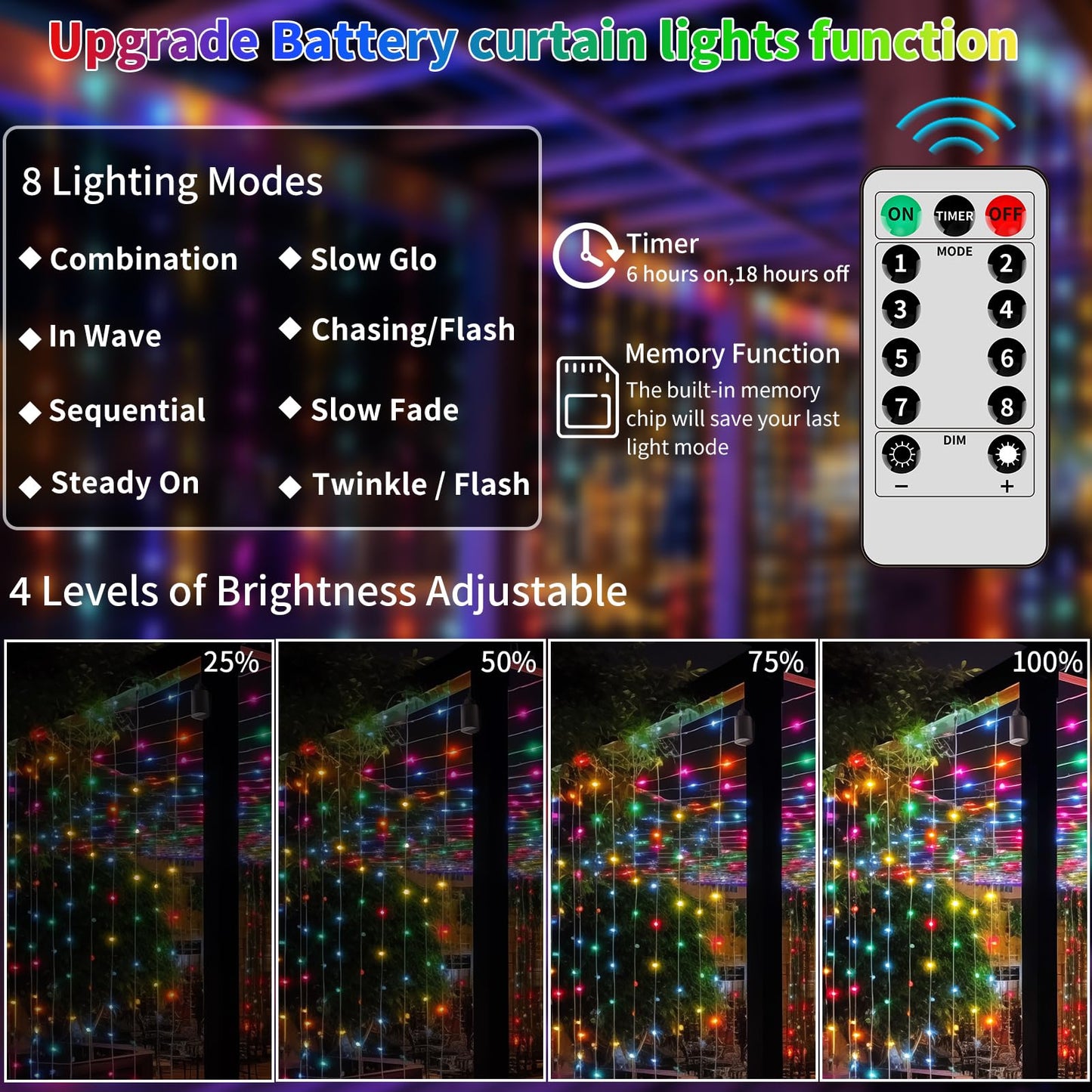 RCNDJE 300LED Battery Operated Curtain Lights, Waterproof Twinkle Fairy Lights, 10ft x 10ft, Multicolor