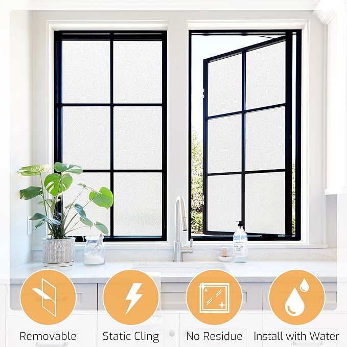 LUTE Window Privacy Film, Frosted Glass Window Film, Static Cling Heat Control Frosting Glass Sticker Removable, Non-Adhesive Opaque Covering for Bathroom Home Office Door (White, 17.5" x 78.7")