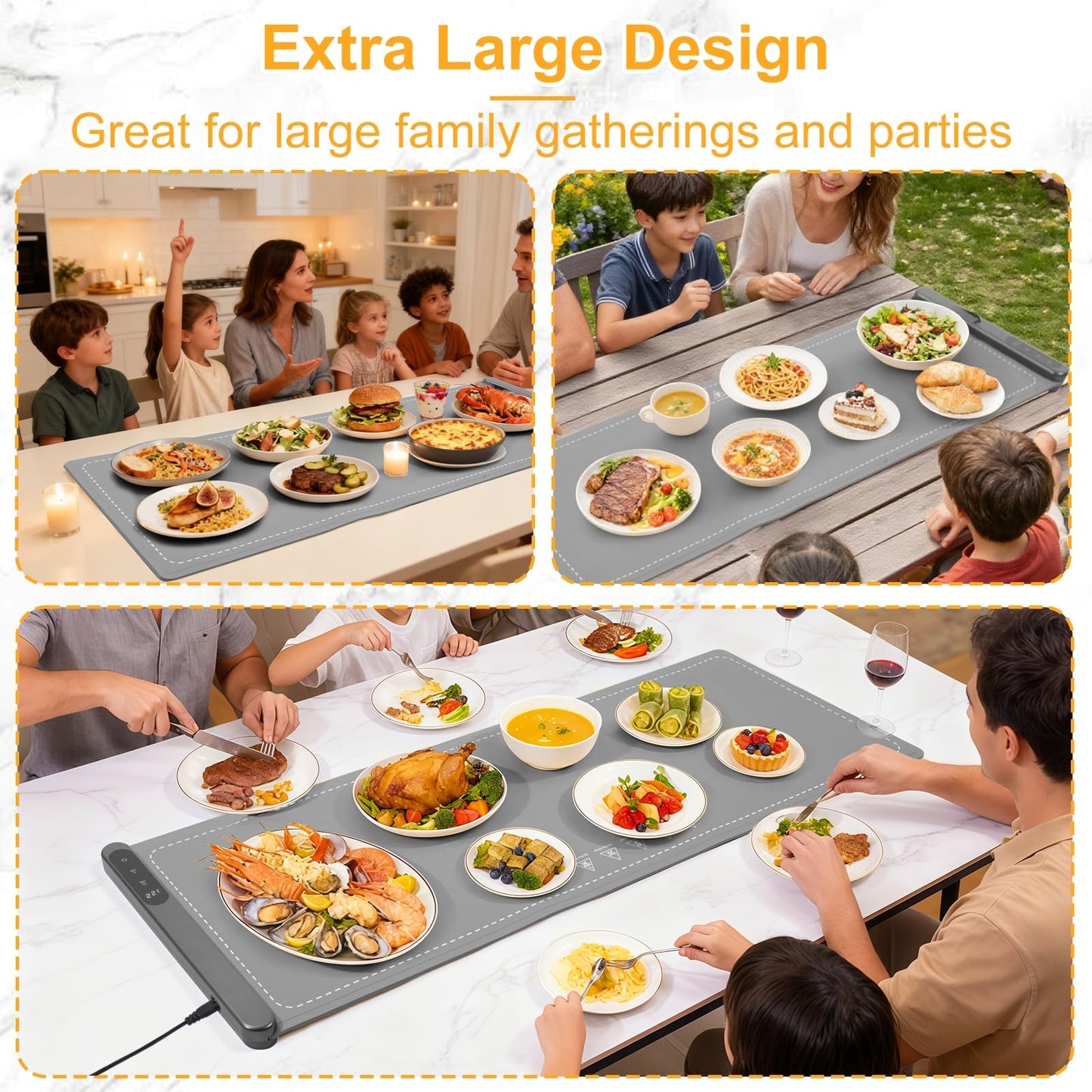 Food Warming Mat Large, XXL (42"x15") Electric Food Warmers Mat with Heat Resistant Pad for Countertop, Heat 6 Level Temperature & 6 Hours Timer, Foldable Heating Trays for Buffets Party, Gray