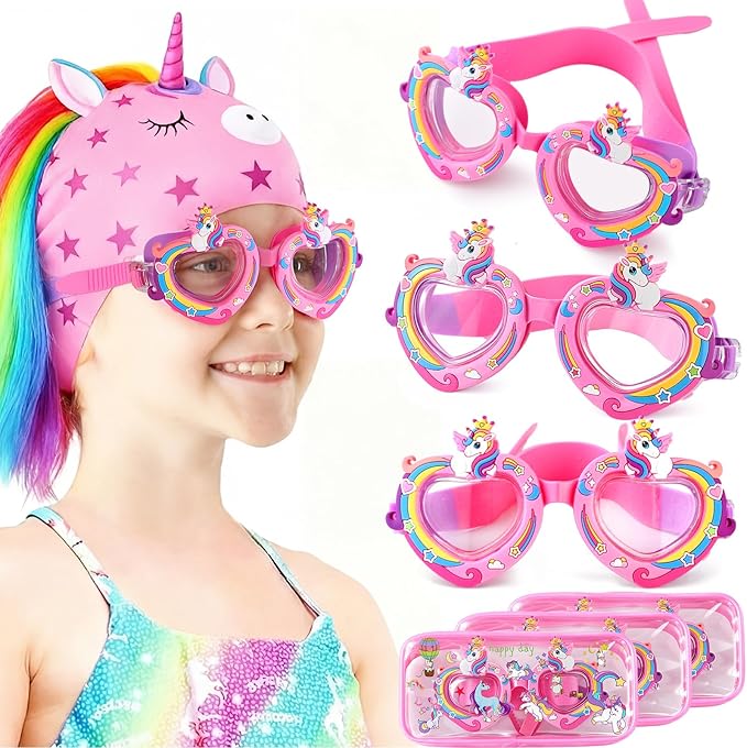 Kingdder 3 Set Unicorn Swim Goggles for Girls Aged 4-12 Swim Goggles with Stickers and Pink Cases, Anti-fog, UV Protectio...