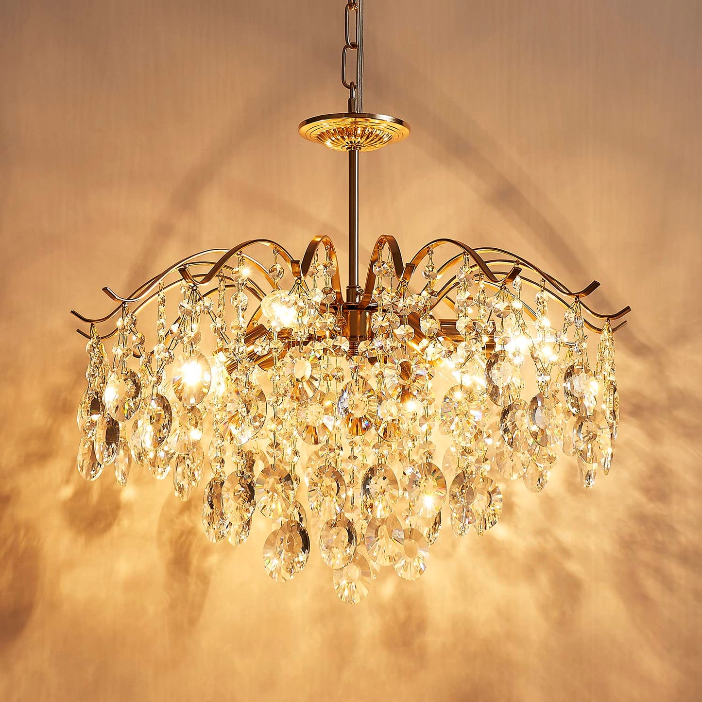 SM Saint Mossi 5-Light Gold Crystal Chandelier, Modern Pendant Light, D20 x H17, Adjustable Chains, Alloy Steel, Shinny Copper Finish