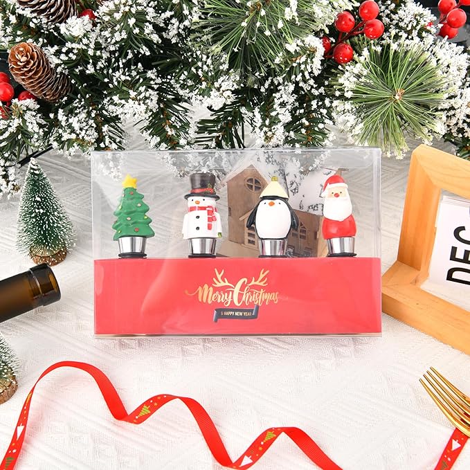 4 Pack Christmas Wine Stoppers Set, Resin Wine Bottle Stoppers for Winter Decor Holiday Wedding Christmas Party Supplies, Wine Accessories Gift for Hostess - Wine Bottle Corkers