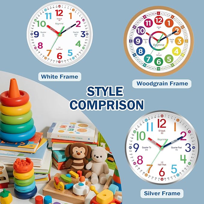 Roymnie14 Inch Wall Clock for Kids Learning to Tell Time Large Analog Silent Battery Operated Teaching Clock Silent Colorful Teaching Time Ideal Gift for Kids Room School(White Grain)