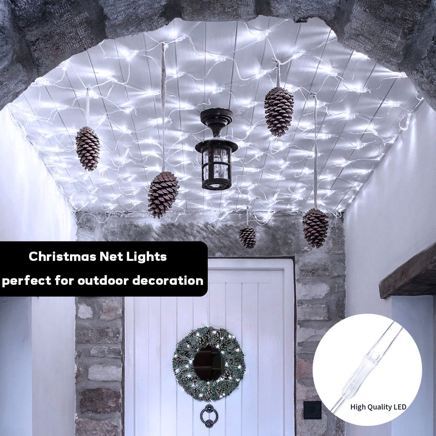DBFAIRY Battery Powered Net Lights, 100 LED, 5x5 Ft, Cool White, Remote Timer, Dimmable, Outdoor Bush Decoration, Model DB100