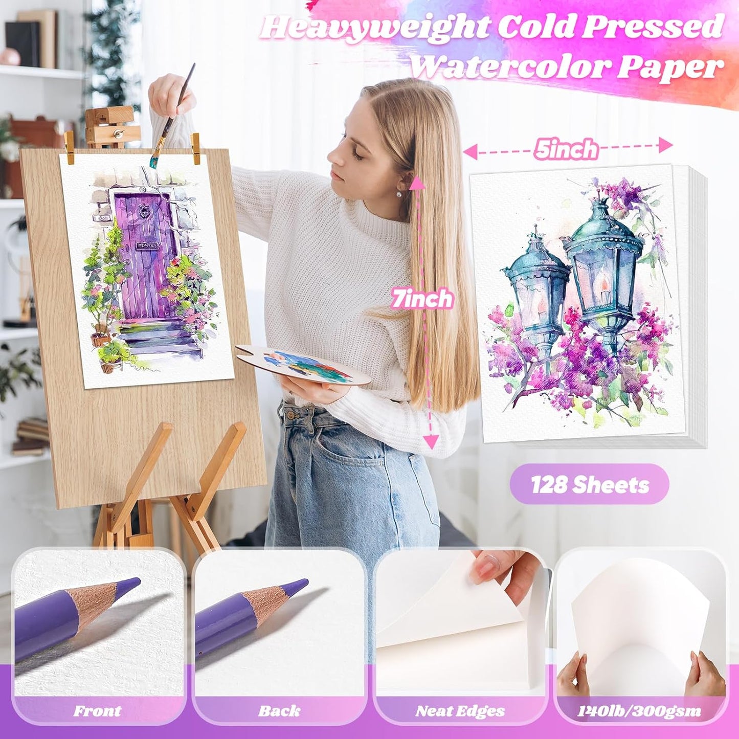 128 Sheets Watercolor Paper Bulk, Stocking Stuffers for Kids, 5"x7" 140lb/300gsm Cold Press White Water Color Paper for Teacher Students, Classroom Must Have, Study Essentials, College School Supplies
