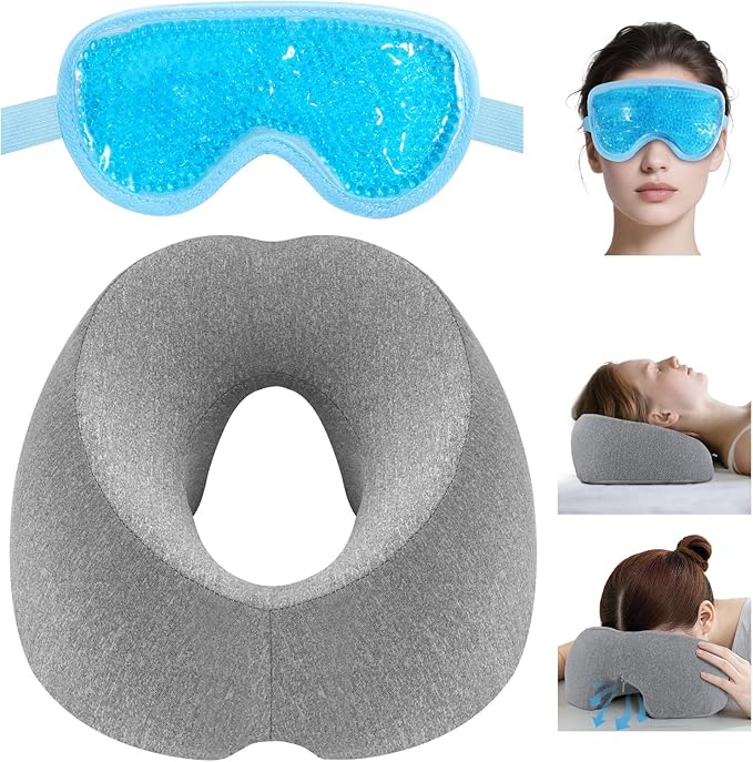 Face Down Pillow Massage Headrest for Bed Massage Head Holder w/ Gel Eyemask At Home Salon Breathable Foam Face Down Pillow After Eye Surgery Vitrectomy Recovery Sleeping Massage Face Cradle for Bed