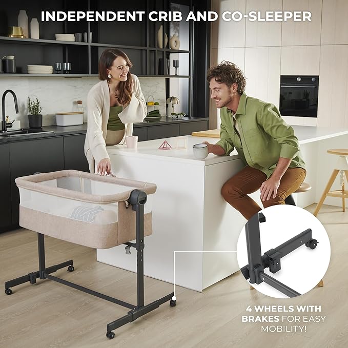 Kinderkraft Neste UP2 Bedside Cot 2 in 1, Co-Sleeper from Birth, Travel Cot for Newborn, Adjustable Height, Included Mattress Sheet, with 4 Wheels, Breathable Mesh, Beige
