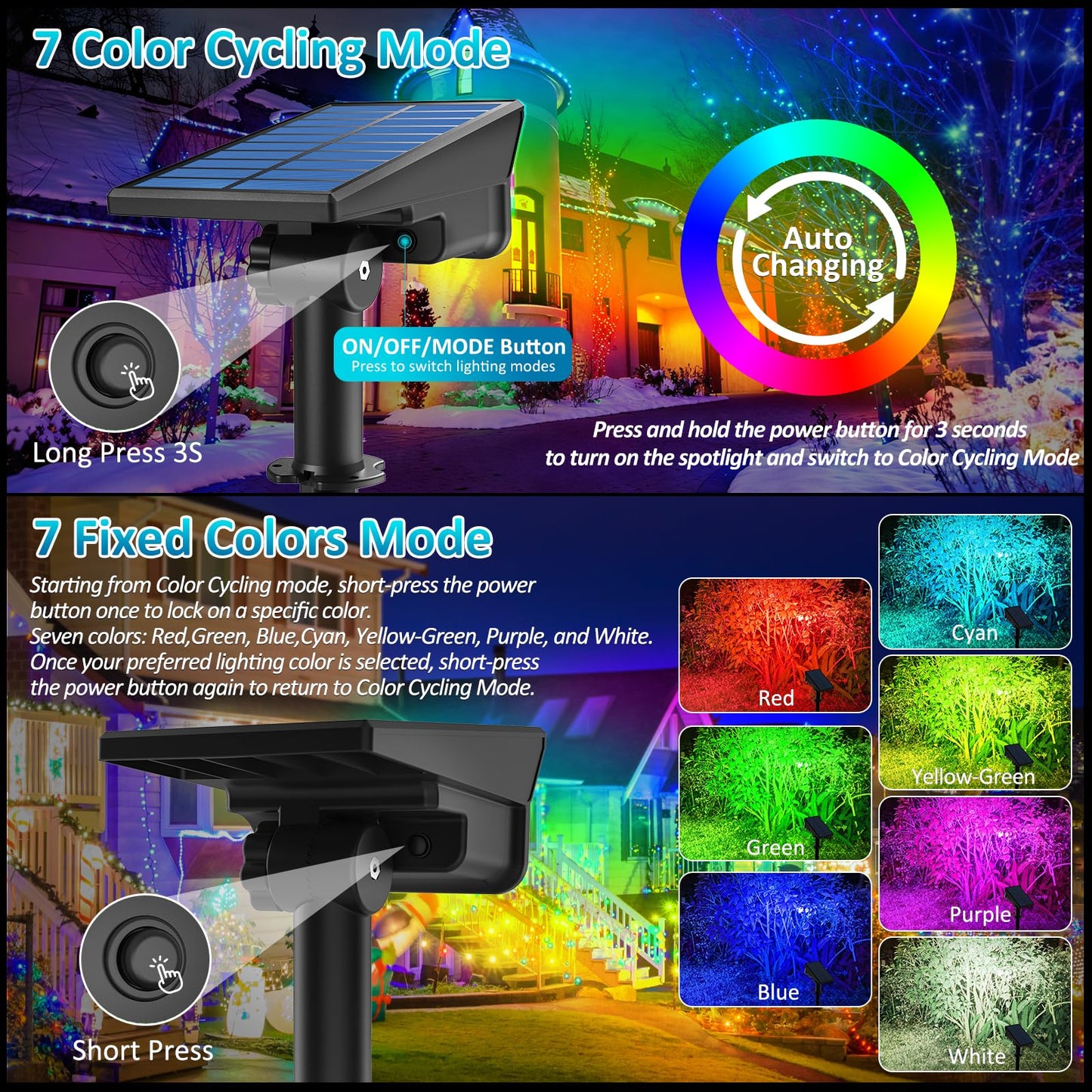 T-SUNUS RGB Solar Landscape Spotlights, IP65 Waterproof, 4 Pack, Multicolor, Auto Dusk to Dawn Lighting for Yard, Garden, Driveway