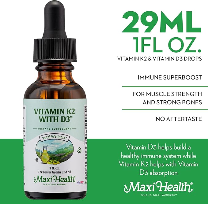 Maxi Health Liquid Vitamin D3 with K2 Drops for Long-Term Health - Vitamin K2 D3 Vitamin Supplement - D3 K2 Vitamin K and Vitamin D Supplement with Vitamin K2 MK-7 and Vit D - by Maxi Health, 1 fl oz