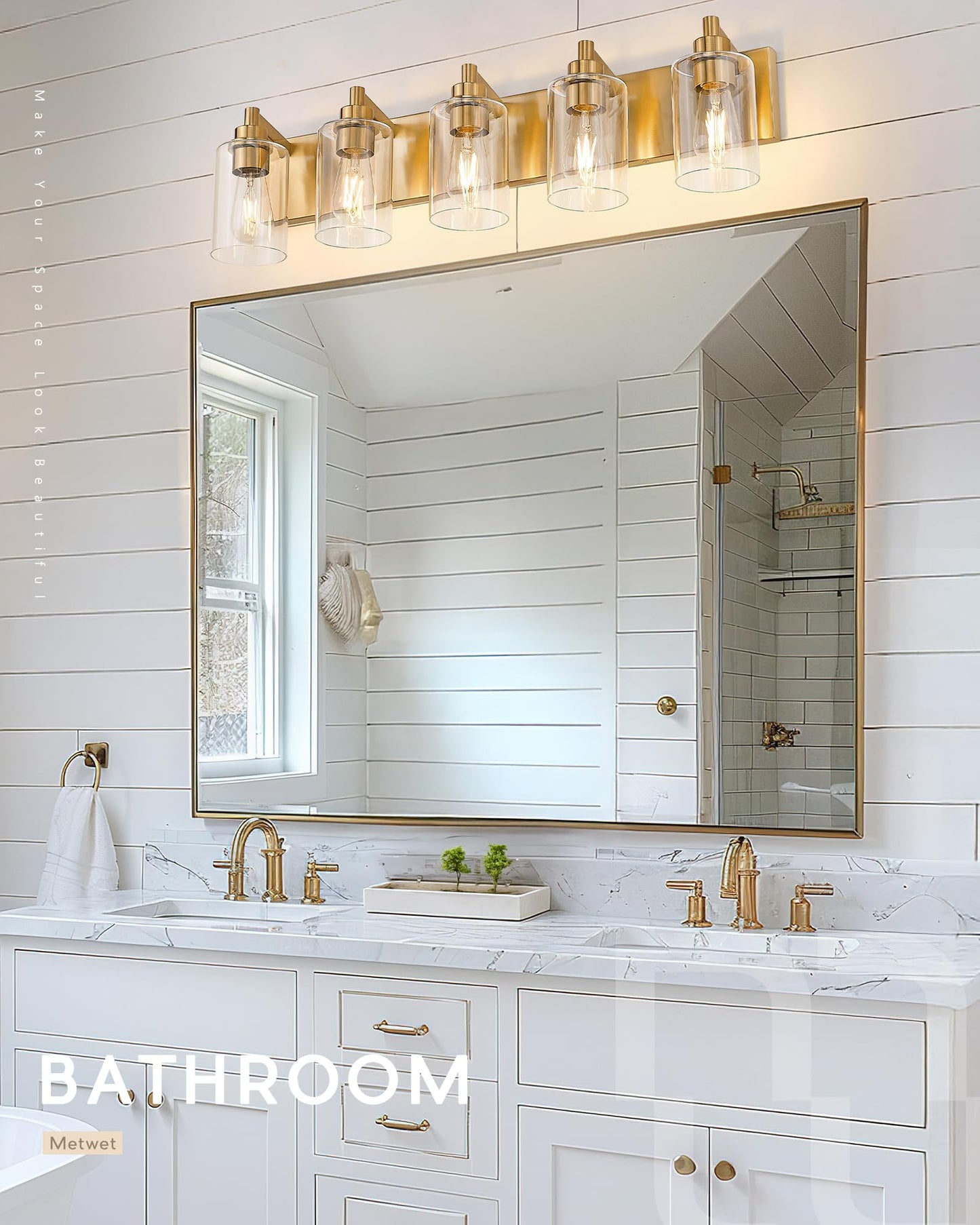 Metwet 5-Light Bathroom Light Fixtures  30 Inch Brushed Gold Vanity Light With Cylinder Clear Glass Shade  Modern Vanity Lighting Fixtures Over Mirror  Vl143-Bg-5