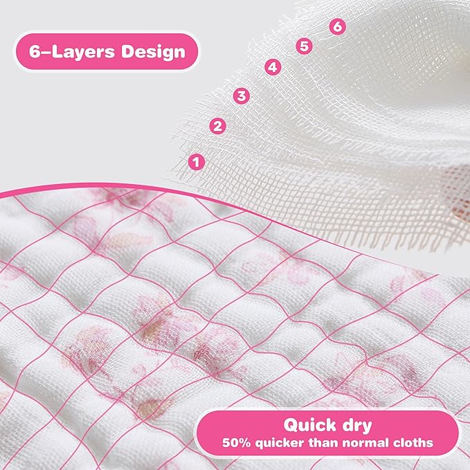 Viviland Baby Muslin Burp Cloths, Super Absorbent Washcloths for Baby Girl and Boy, 10 x 20 inches 6-Layer Baby Bath Towels, Pink Flowers & Hearts 4 Pack