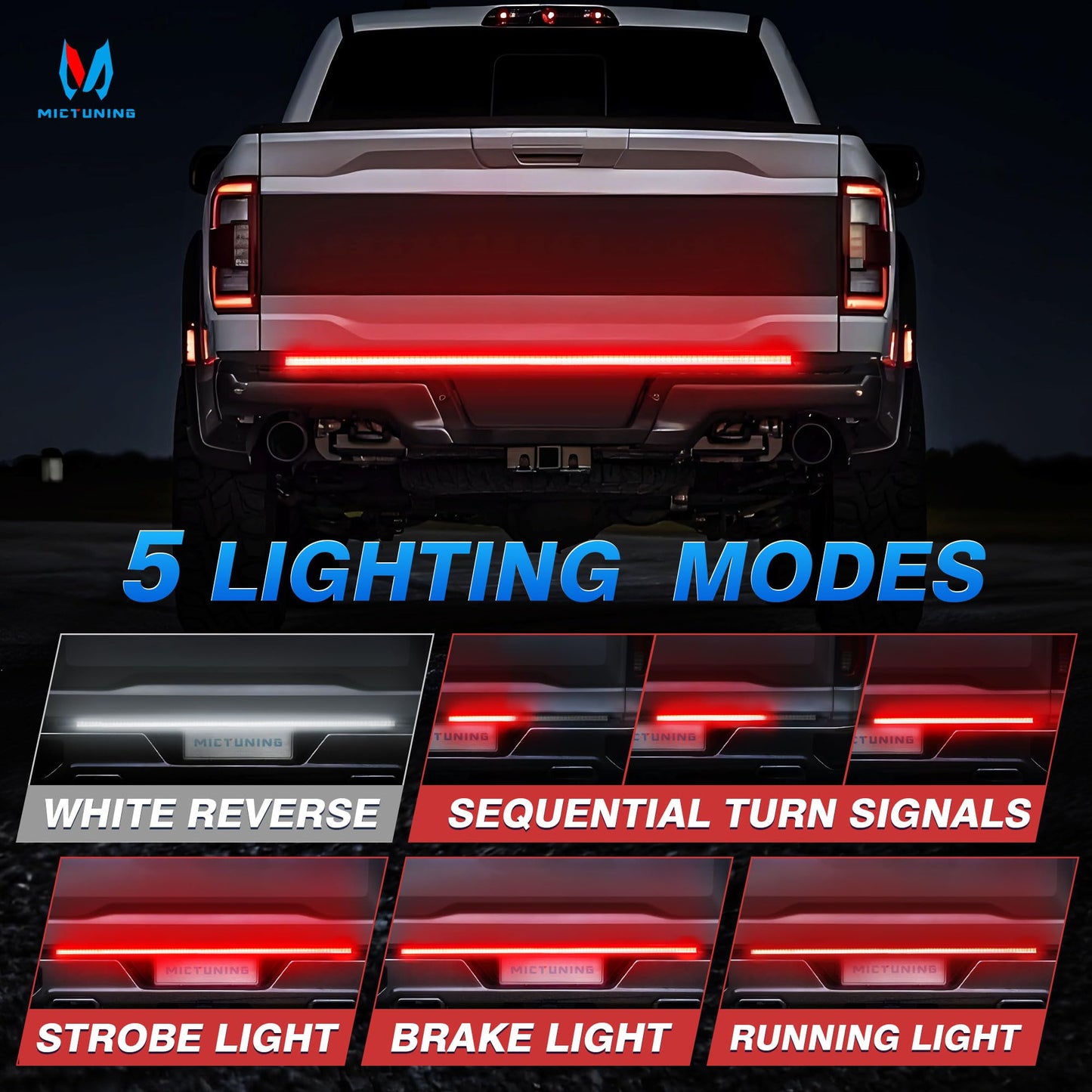 Mictuning Truck Tailgate Light Strip 48 Inch Triple Row 360 Led Ip67 Waterproof With Red Running Brake Sequential Turn Signal  Strobe & White Reverse Lighting