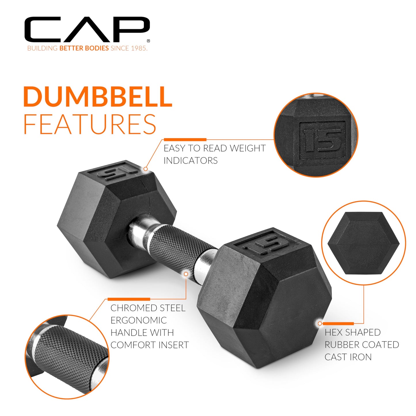 CAP Barbell 10 LB Rubber Coated Hex Dumbbell Hand Weight with Padded Grip - Single | Comfort Grip
