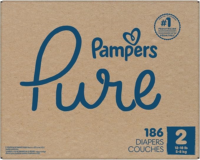 Pampers Pure Protection Baby Diapers, Size 2 (12-18 lbs), 186 Count, Up to 100% Leakproof, Premium Plant-Based Skin Protection, Hypoallergenic Soft Diapers