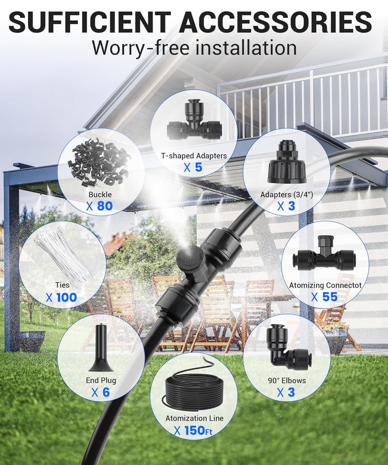 150FT Misters for Outside Patio Misters for Cooling (55 Mist Nozzles) Outdoor Water Patio Hose Greenhouse Mister System Outside Mist Backyard Trampoline for Waterpark Watering Misters for Cooling
