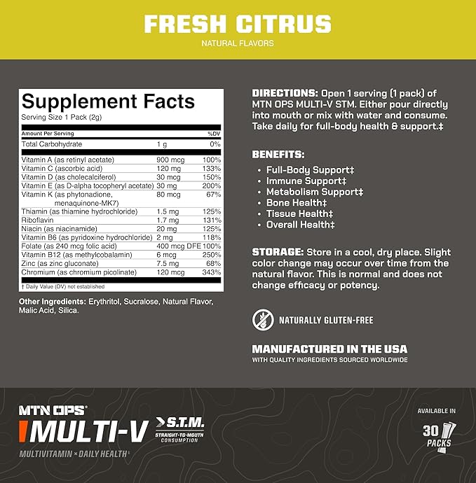 MTN OPS Multi-V, Daily Multivitamin for Women & Men with Immune Support, Safe for Kids, Gluten Free STM Packs, Variety of Flavors, 30 Servings