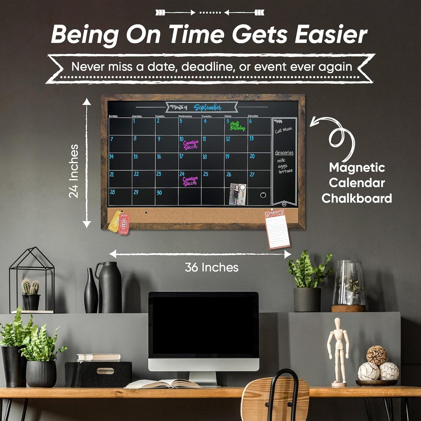 Loddie Doddie Rustic Framed Magnetic Chalkboard Calendar & Bulletin Board - 24 x 36 in Rustic Alloy Steel Frame - Cork Bulletin & Magnet Display - Kitchen & Wall Calendar Board
