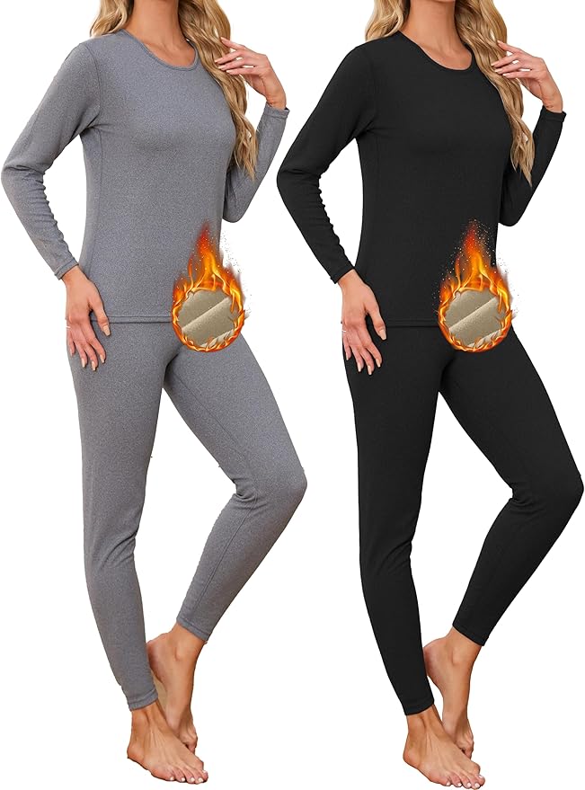 TELALEO 2 Sets Women's Thermal Underwear Long Johns Double-Sided Fleece Lined Base Layer Top & Bottom Pajama for Cold Weather