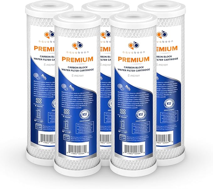 Aquaboon 5 Micron Water Filter 10 x 2.5 - Premium Carbon Block Water Filter - Carbon Water Filter Cartridges - Whole House Water Filter Cartridge Replacement Compatible with FXWTC, WFPFC8002, 5 Pack