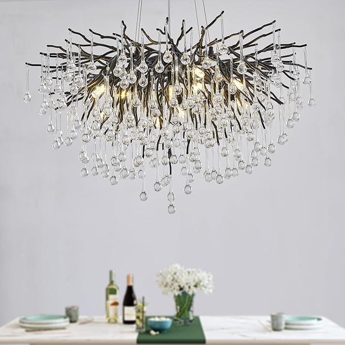 Black Chandeliers for Dining Room,Farmhouse Crystal Chandelier,10-Light Tree Branch Chandelier Light Fixture for Living Room, Kitchen Island D31.5