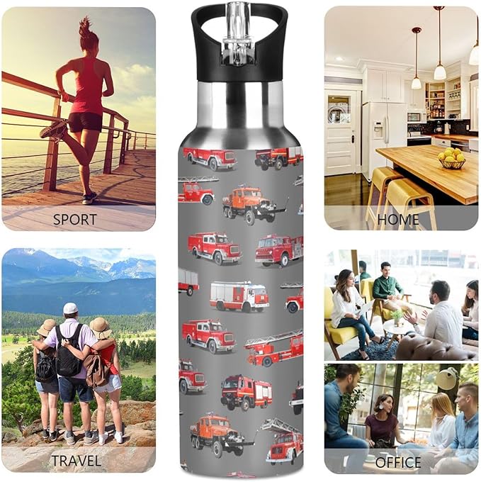 Fire Truck Stainless Steel Water Bottle with Straw Lid - 20 Oz Sports Insulated Water Bottle Thermos for Sport Gym Outdoor Travel School