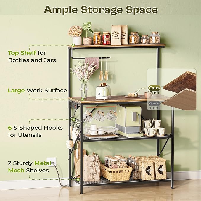 Huuger 4-Tier Bakers Rack with Reversible Power Outlet, 31.5 Inch Microwave Stand, Kitchen Bar, with Top Shelf, 6 S Hooks, Rustic Brown