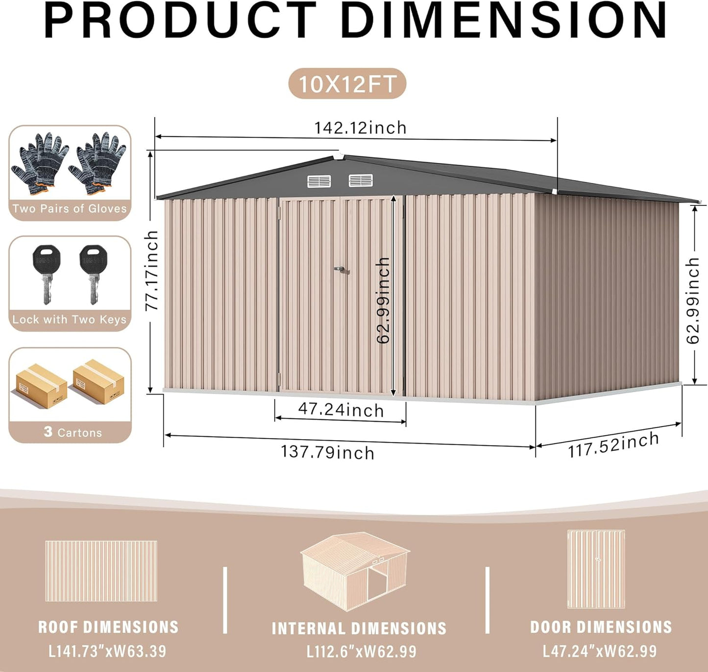 10x12 FT Metal Storage Sheds Outdoor, Metal Yard Sheds Garden Shed Kit, Tool Shed with Lockable Door, Utility Sheds Buildings with Air Vent for Backyard Garden Patio Lawn