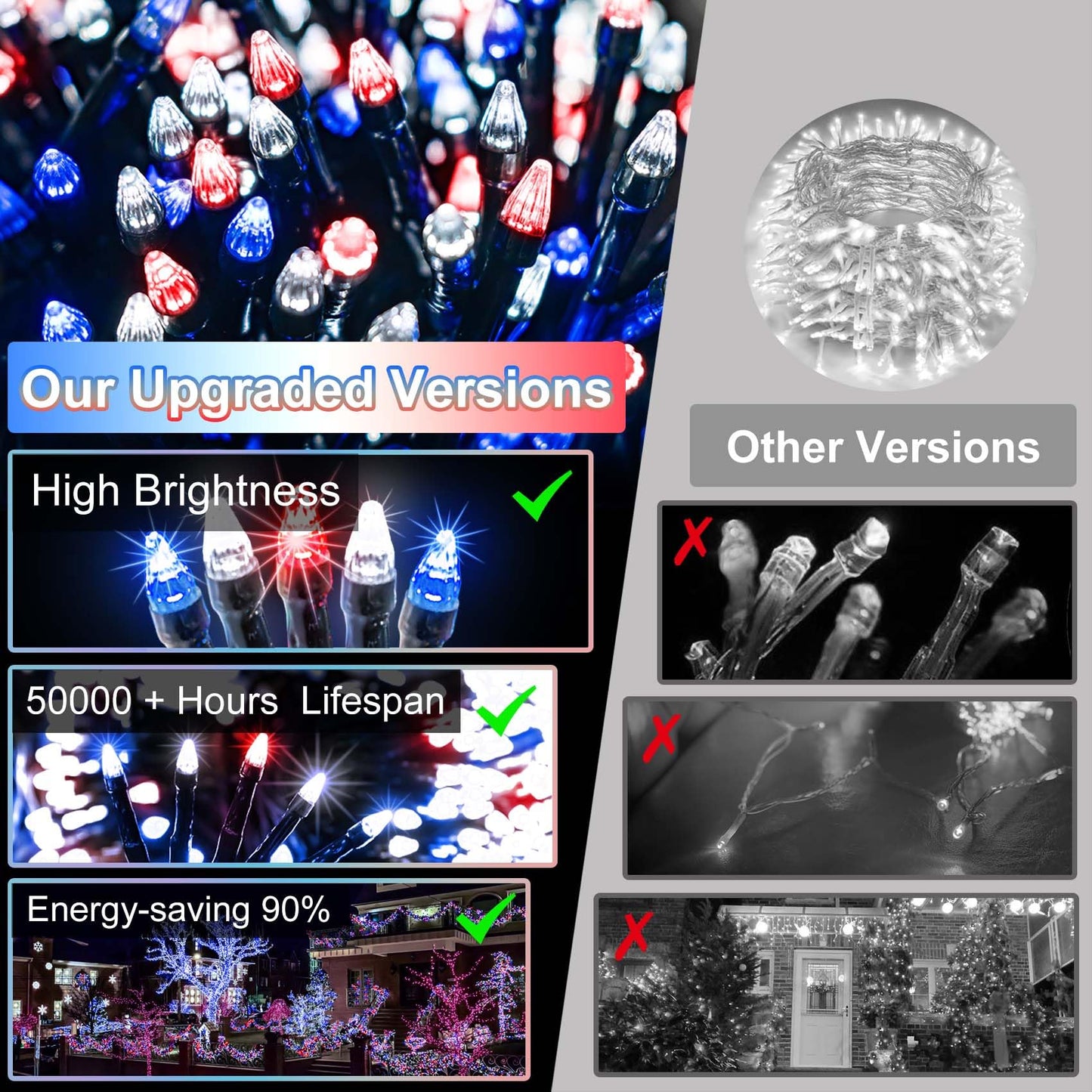 340 Led 90Ft Christmas String Lights Outdoor  12 Pro Modes And Timer Memory & Brightness  Plug In Waterproof Dark Green Wire Twinkle Light For For Xmas Yard Tree Wedding Party Decor Red White Blue