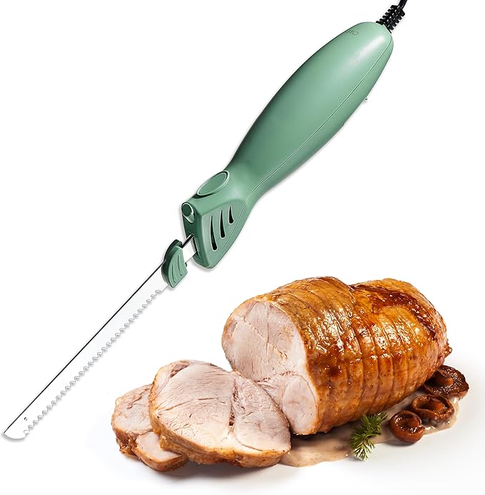 COOK WITH COLOR Electric Knife, 100W Power, Dual Stainless Steel Blades for Precise Cutting, Ergonomic Handle, Low Noise and Vibration, Ideal for Bread, Meat, and Vegetables, Green