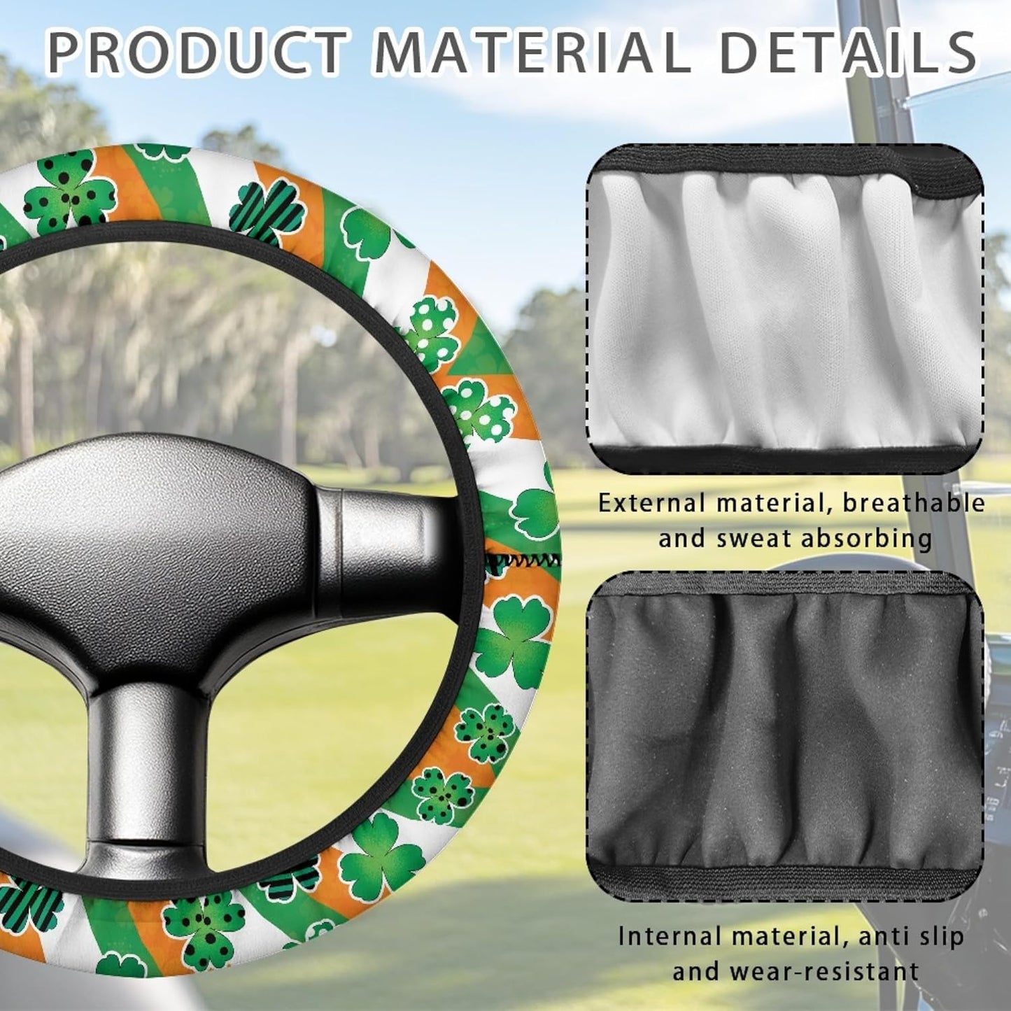 St. Patrick's Day Golf Cart Steering Wheel Protector Cover Green Leaves Golf Cart Steering Wheel Covers Fit 13-14 Inch Car Steering Wheel Covers for Club Car Sweat Absorption