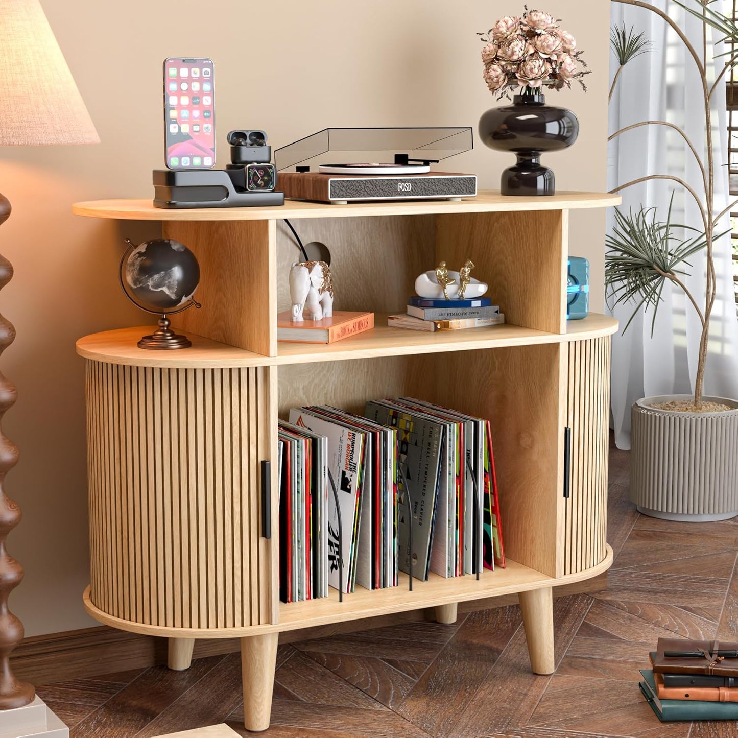 Large Round Record Player Stand with Charging Station & USB Ports，Record Storage Cabinet, Mid Century Modern Turntable Stand for Bedroom Living Room (Small Oak)