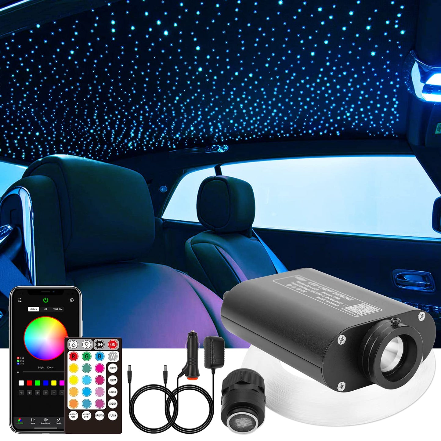 Chinly 16W 650Pcs 0.03In 13.1Ft Fiber Optic Lights Star Ceiling Headliner Light Kit  App Car Use Bluetooth Rgbw Led  Remote Music Mode Optical Fiber+Adapter+smoky aroma Lighter For Car/Home Theater