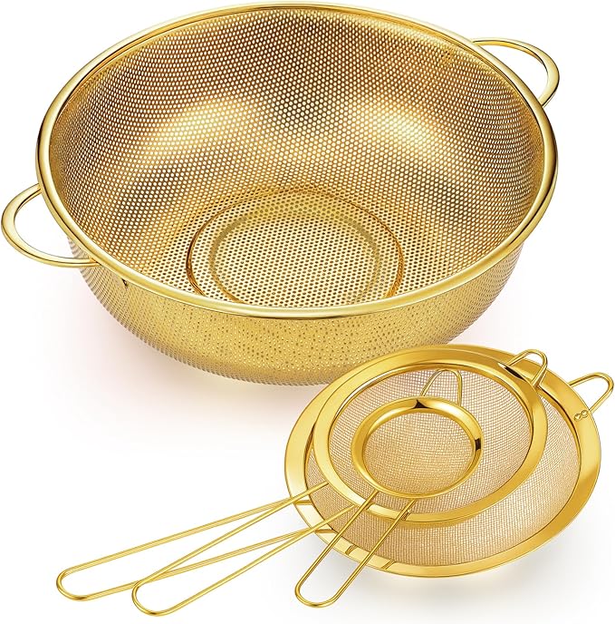 Baderke 5 Quart Stainless Steel Gold Colander and 3 Pcs Fine Mesh Strainer with Handles Gold Kitchen Accessories for Kitchen Draining Rinsing Serving Food Pasta Rice Vegetables